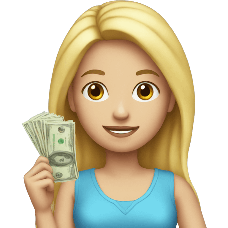 A blonde girl in a blue dress holding money emoji