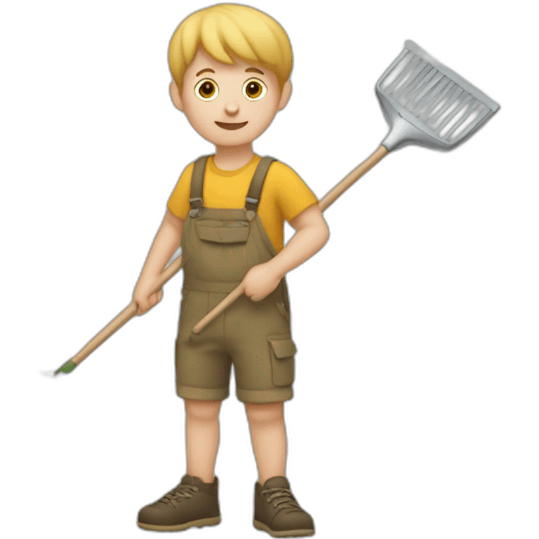 white kid holding a rake with leaves emoji