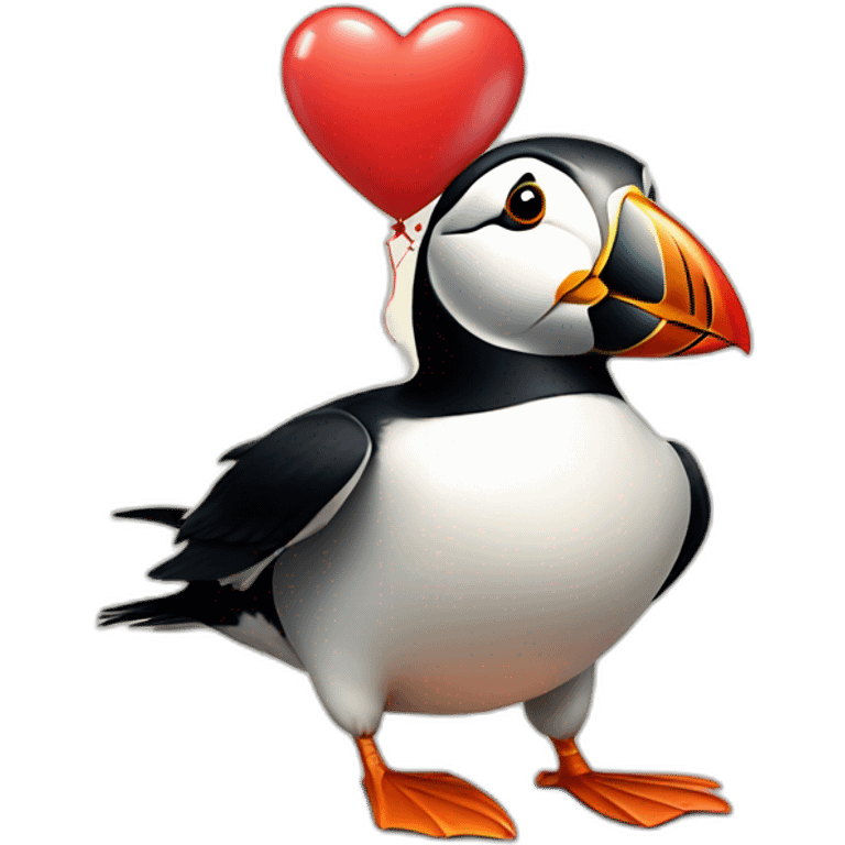 A puffin holding a love heart balloon emoji