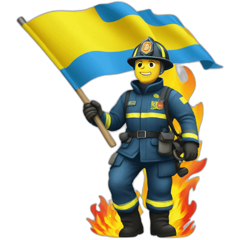 Ukrainian firefighter with the flag of Ukraine puts out the fire emoji