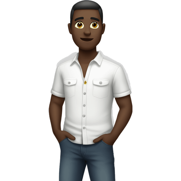 dark-skinned male in white shirt with hands in pockets  emoji