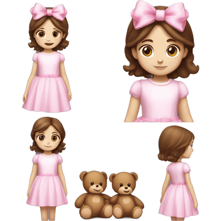 Little Girl with White skin, blue eyes. brown hair with pink bows in it.  She is wearing a pink and White dress, standing and holding on to a teddybear with a pink bows. emoji