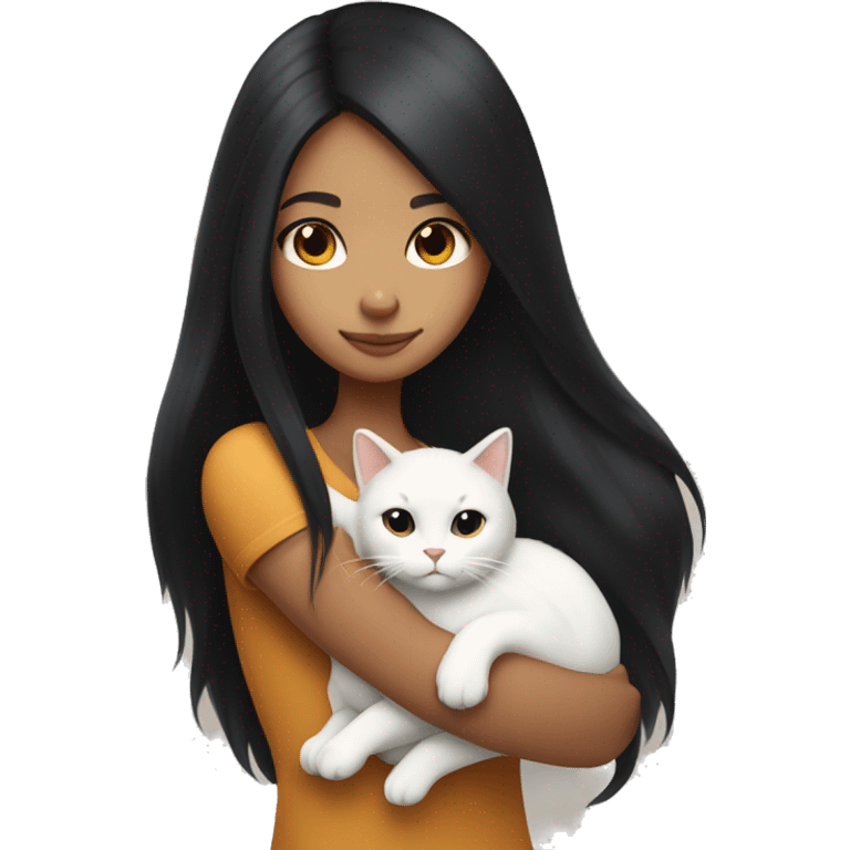 girl with very long black hair and caramel skin hugging a white cat emoji