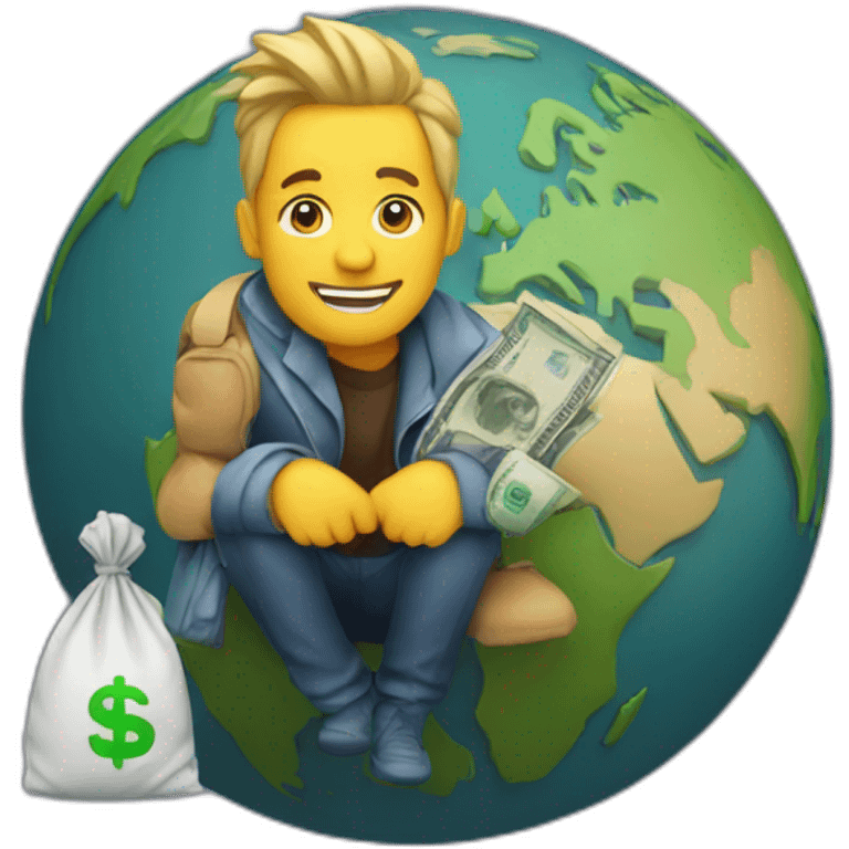 man sitting on globe with money bag emoji