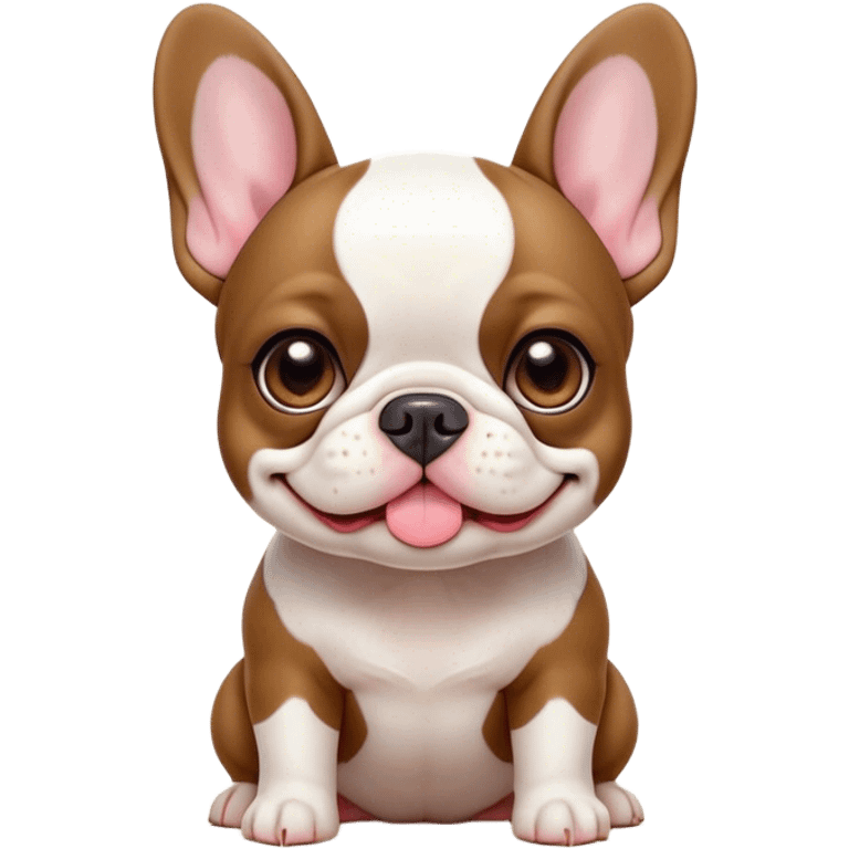 Cinematic Cute Pied French Bulldog Portrait Emoji, Head tilted with a sweet, mischievous grin and large, inviting eyes, featuring a unique pied fur of contrasting colors, simplified yet irresistibly endearing, highly detailed, glowing with a warm, playful radiance, high shine, exuding a quirky charm and affectionate personality, styled with a soft, lighthearted outline, capturing the essence of a cute Pied French Bulldog that looks ready to charm its way into your heart! emoji