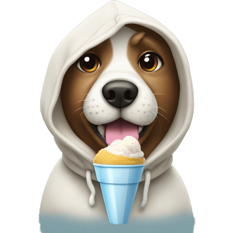 Dog wearing a hoodie and eating ice cream emoji