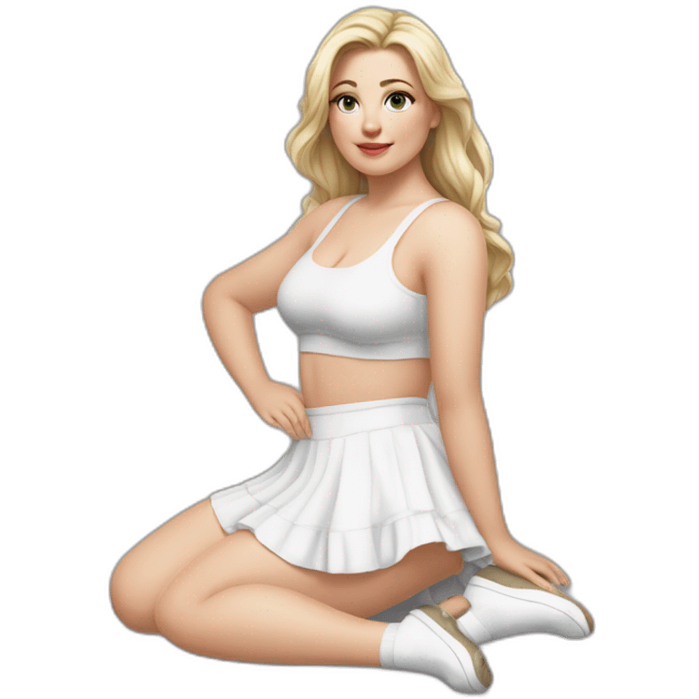 hyperrealistic-full-body-caucasian-curvy-beauty-sitting on the ground-small white-skirt-white knickers white socks emoji