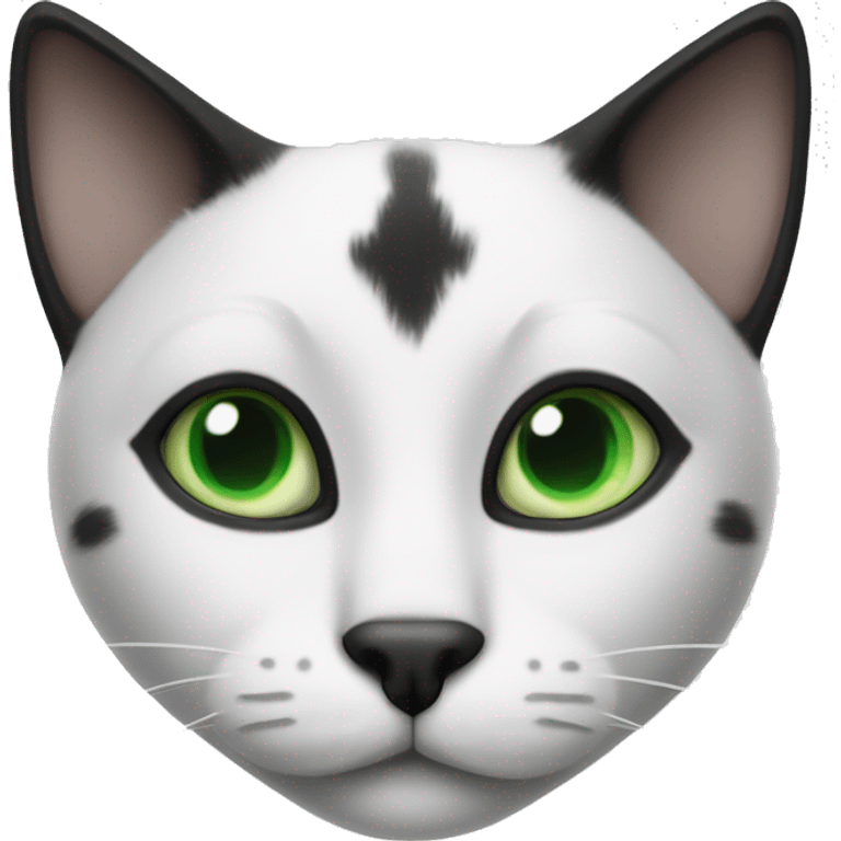 Black and white cat with black dot on nose and green eyes with mostly white face besides half of it emoji