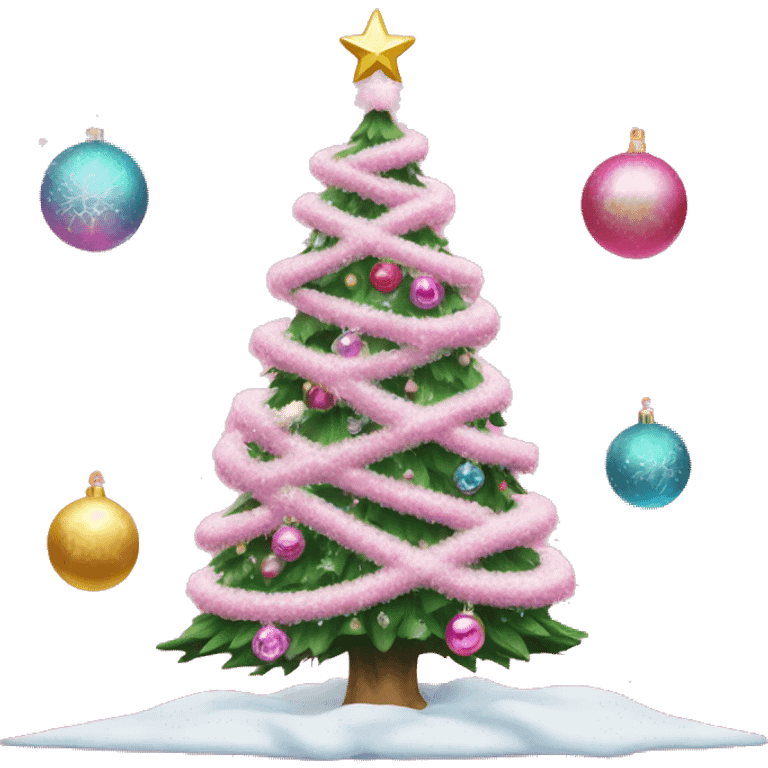 Christmas tree with snow on it and pink bows and disco ornaments and pink ornaments on the Christmas tree emoji