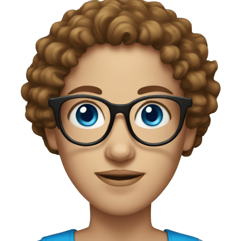 Face with blue eyes, female with curly brown hair, black glasses emoji