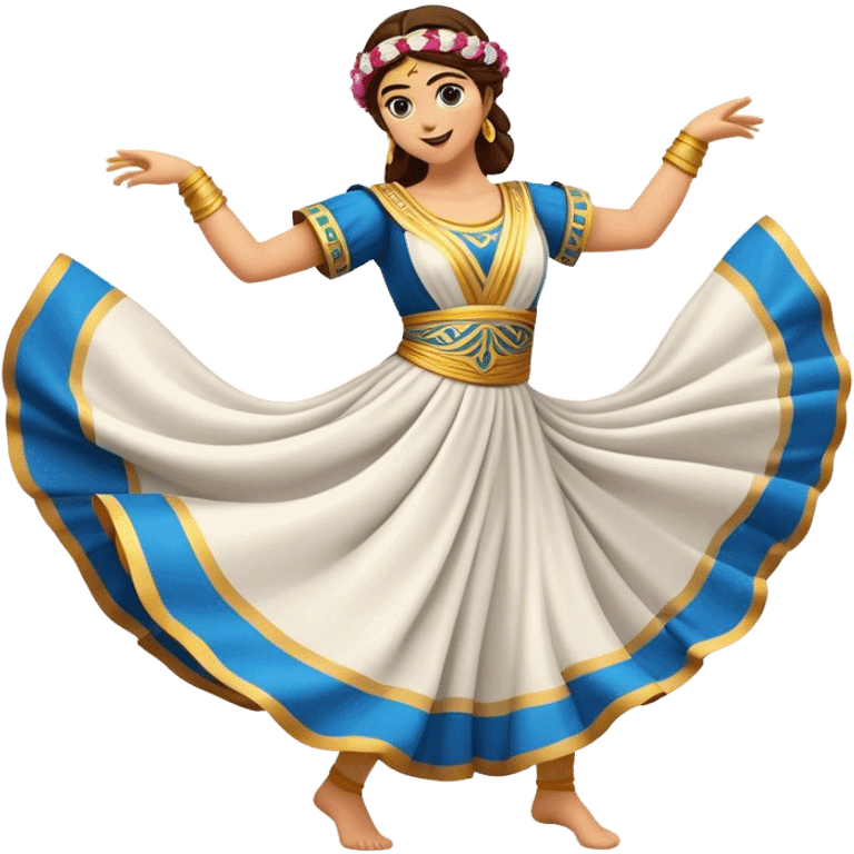 Cinematic Realistic Sirtaki Dance Emoji, depicted as a vibrant traditional Greek dance scene with flowing movements and expressive costumes, rendered with dynamic textures and warm festive lighting that captures its cultural exuberance. emoji