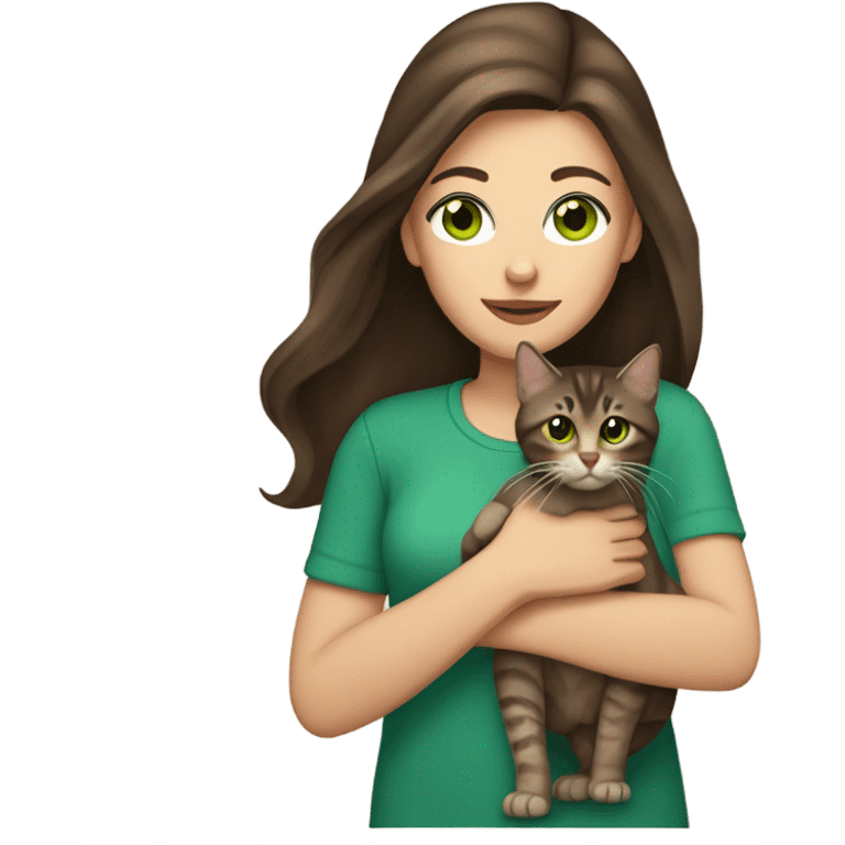 Caucasian woman with long dark brown hair and brown eyes holding a brown tabby cat with green eyes emoji