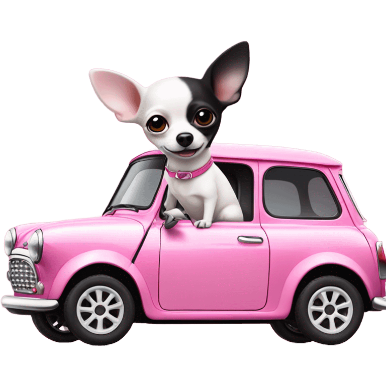 Black and white Chihuahua driving pink mini cooper emoji