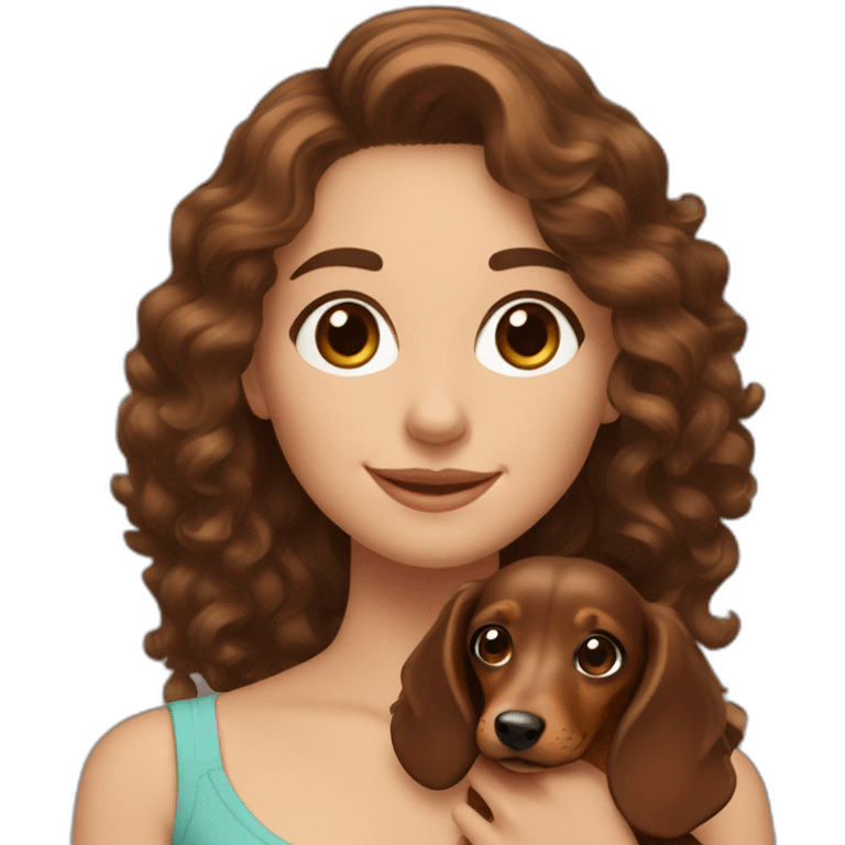 Young lady long curly brown hair smiling and brown eyes with long eyelashes and holding a dachshund  in her arms emoji