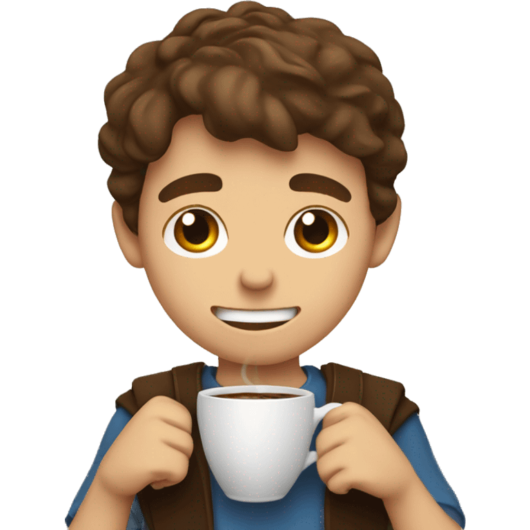 smiling boy with brown hair very stressed with coffee and sword emoji