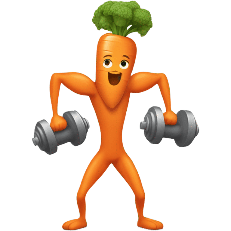 Generate an energetic carrot emoji wearing a sweatband, lifting tiny dumbbells, and looking motivated. emoji