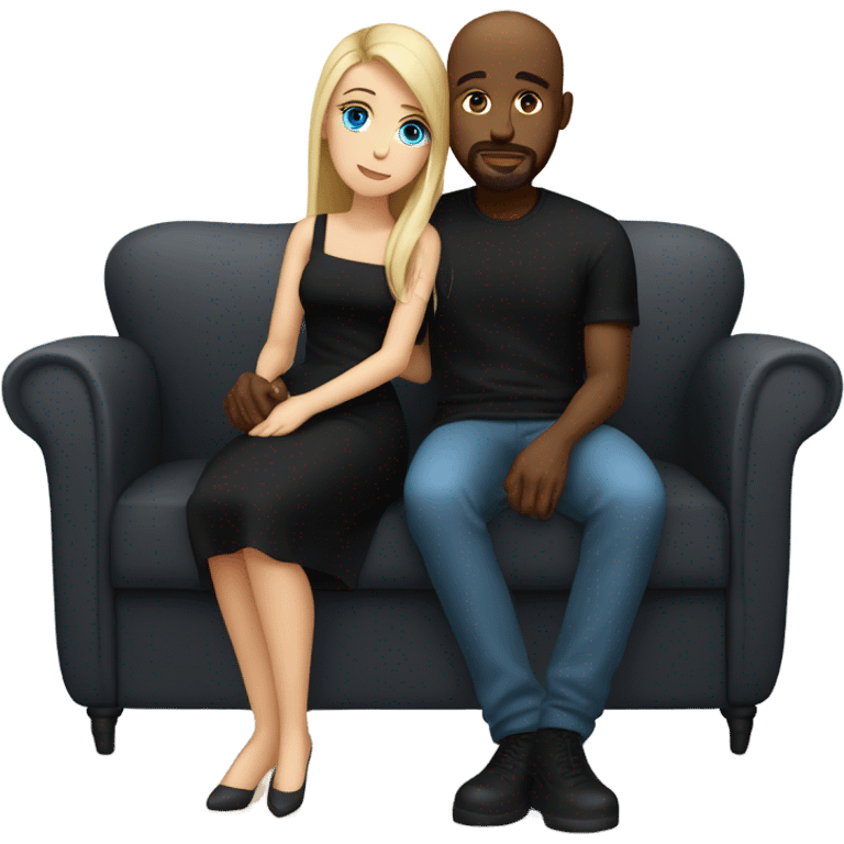 Blonde woman with blue eyes and long straight hair wearing a short black dress and a black man who is bald with a goatee seated together on a sofa enjoying a loving kiss.   emoji