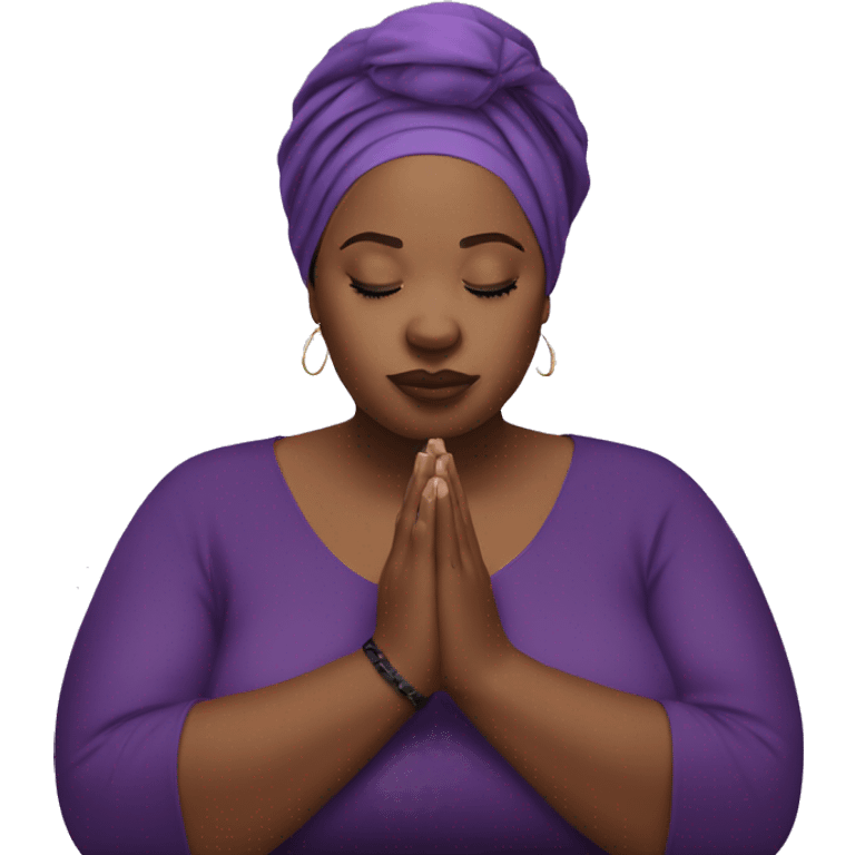 Dark Plus size woman praying with purple head wrap   emoji