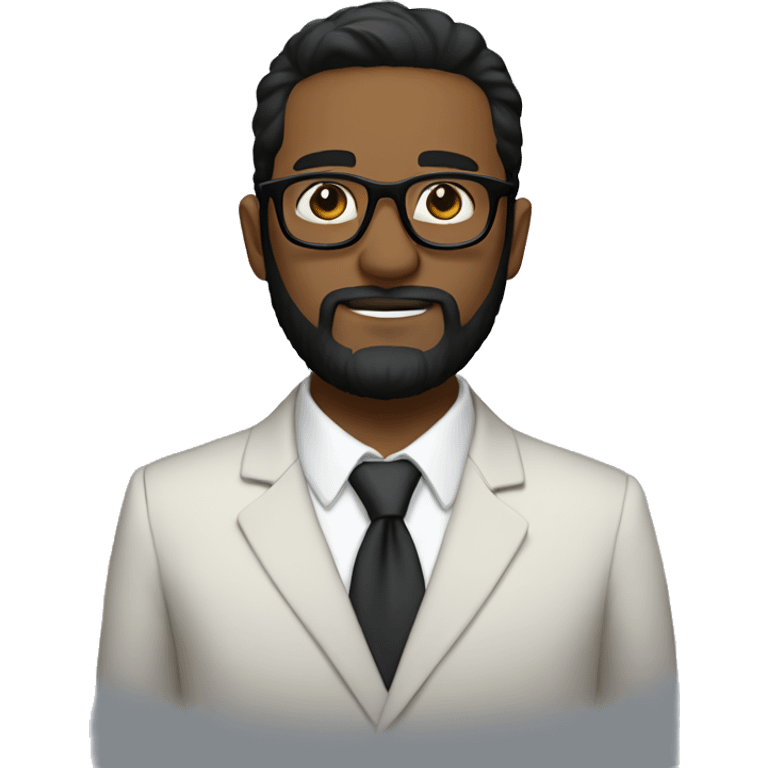 Short to long beard, very short hair, black hair, white skin, fully round glasses, suit emoji