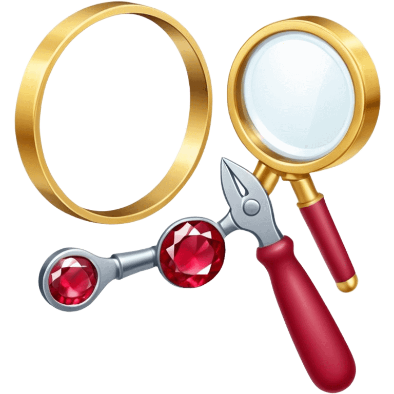 Jewelry art icon. A ring with a golden ruby through magnifying glass and pliers. Minimalistic style, clean lines, transparent background. emoji