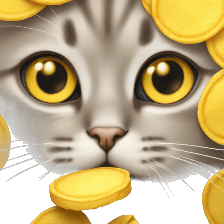 Beige-gray cute cat with big sparkling eyes peeking out of an open yellow Lay's chips packet emoji