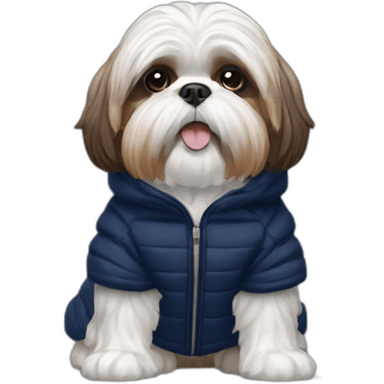 White and brown Shih tzu in navy blue puffer coat emoji