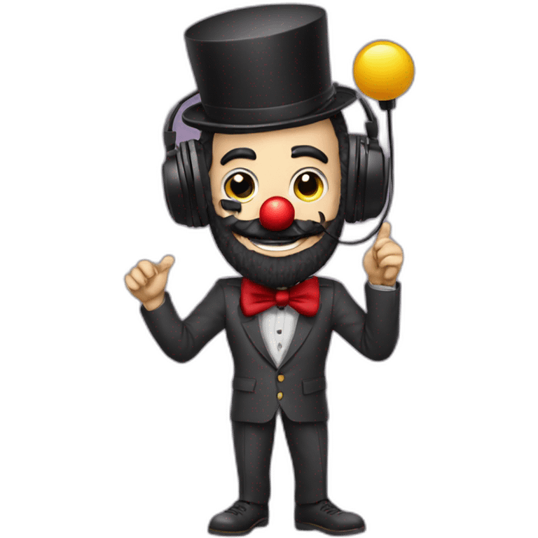 radio presenter with black beard and with a microphone on his hand dressed as a silly clown emoji