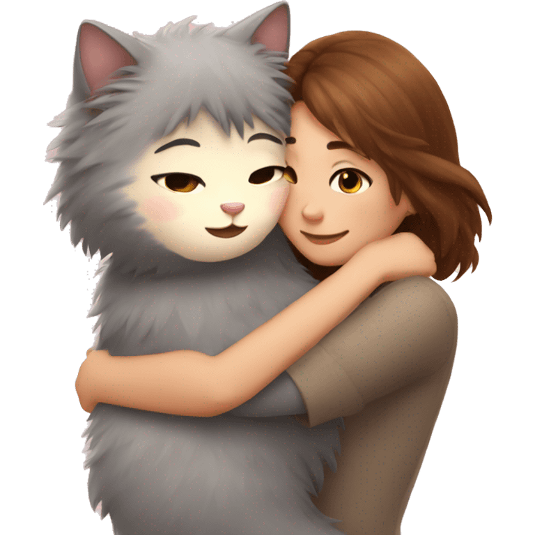 Fluffy grey cat hugging brown hair girl emoji