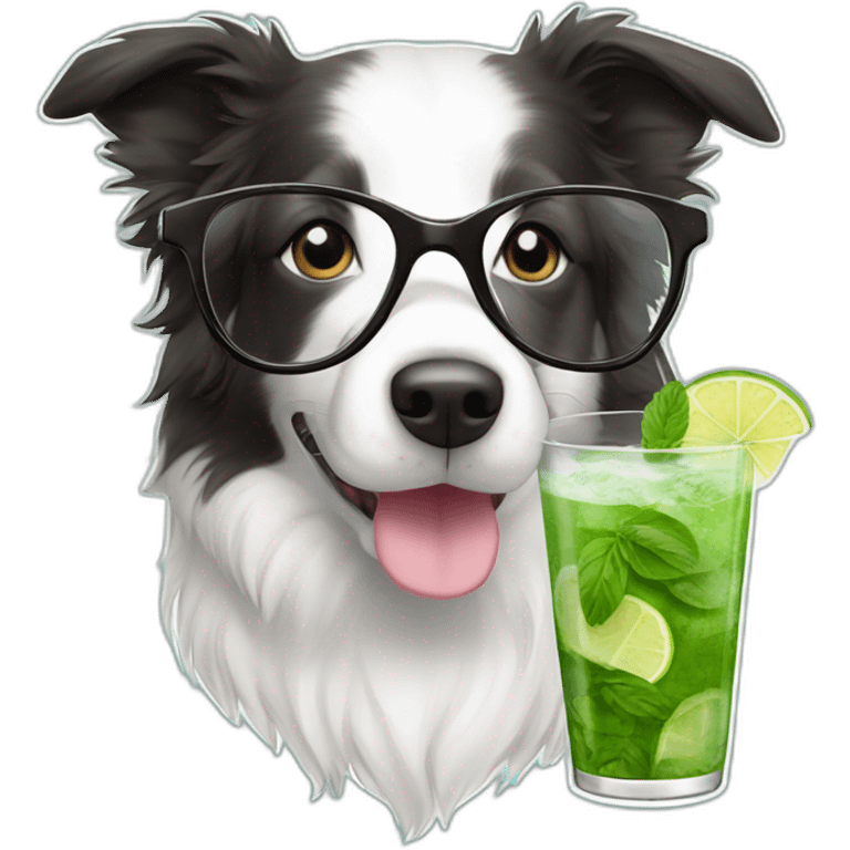 puppy border collie with glasses sniffing mojito emoji