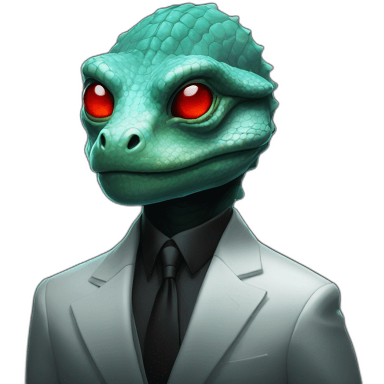 Aquamarine Reptilian with red lasers from the eyes in black suite in a black space emoji