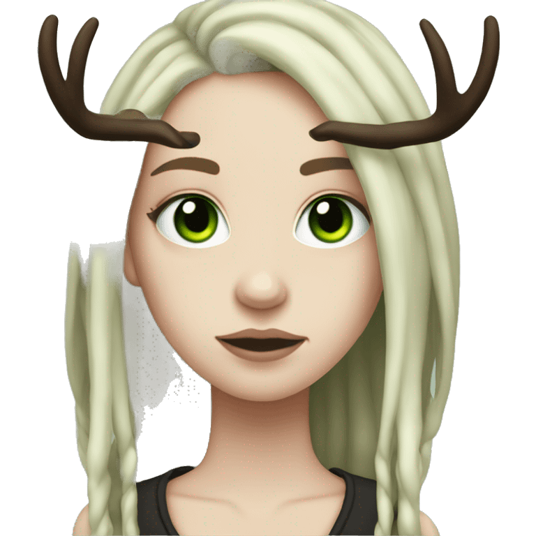 Girl with pale skin, green eyes, black dread-locks, eyeliner, deer antlers, grunge emoji