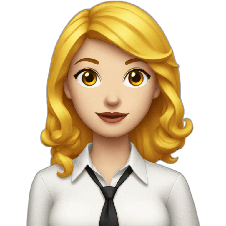 White Woman with red side swept bangs and yellow eyes wearing a white button up shirt and black tie emoji