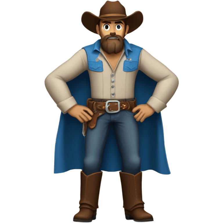 a rugged cowboy with a thick beard, wearing a blue vest over a classic western shirt and a brown belt with a silver buckle. He should have a confident stance, showing full torso emoji