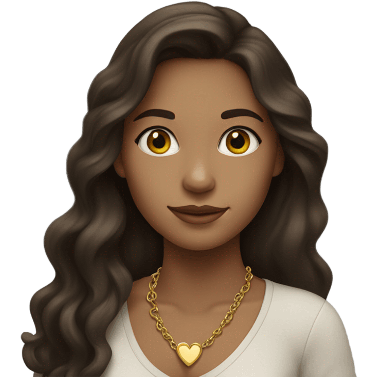 Brunette girl with long hair wavy wearing gold heart necklace light skin emoji