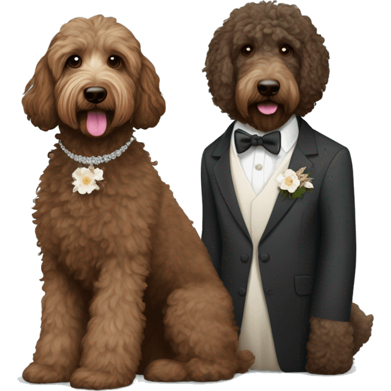 Black and brown bernadoodle in wedding dress and dark brown Australian labradoodle in suit emoji