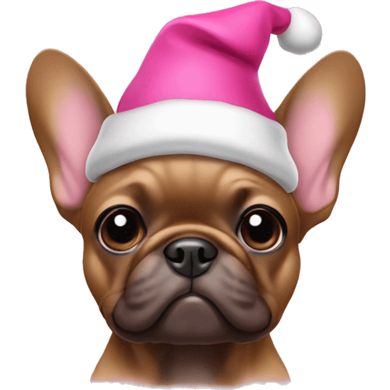 Brown frenchie with a pink Christmas hat emoji