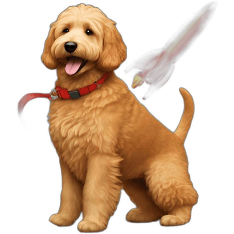 Man playing red rocket with golden Labradoodle emoji