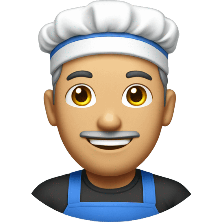 guy in a blue apron shows hello emoji