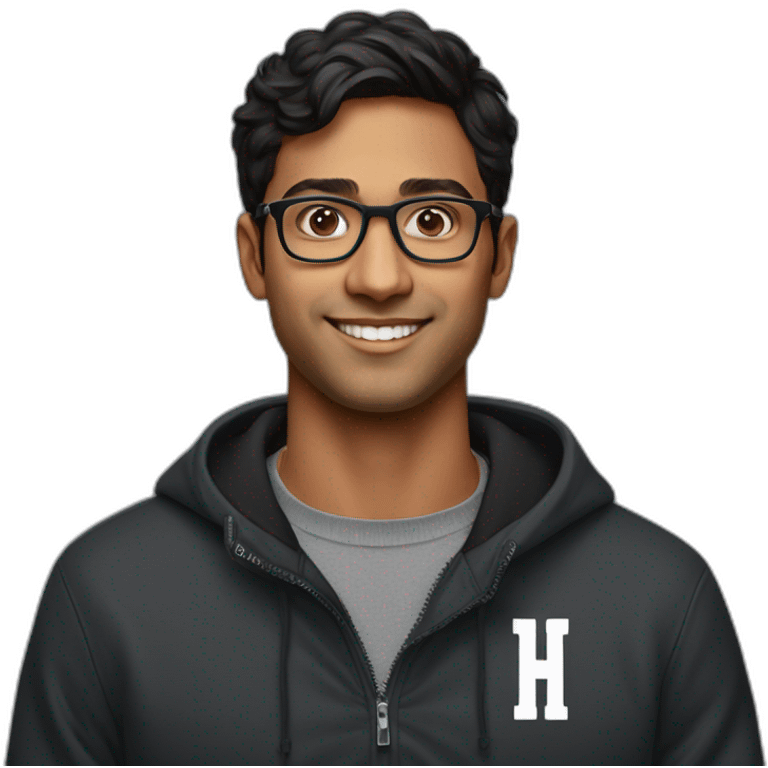 25 year old indian silicon valley creator economy startup founder wearing glasses in a black quarterzip with a harvard logo emoji