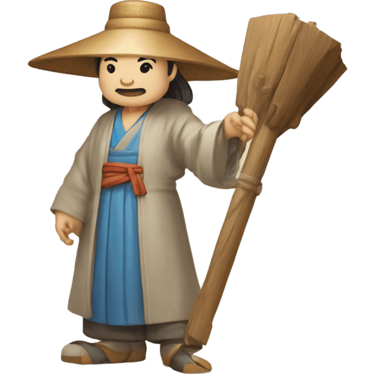 Lu Ban is a legendary figure in Chinese mythology, depicted as a clever craftsman often wearing wide robes, a broad-brimmed hat, and carrying woodworking tools. 🛠️🎩👕 emoji