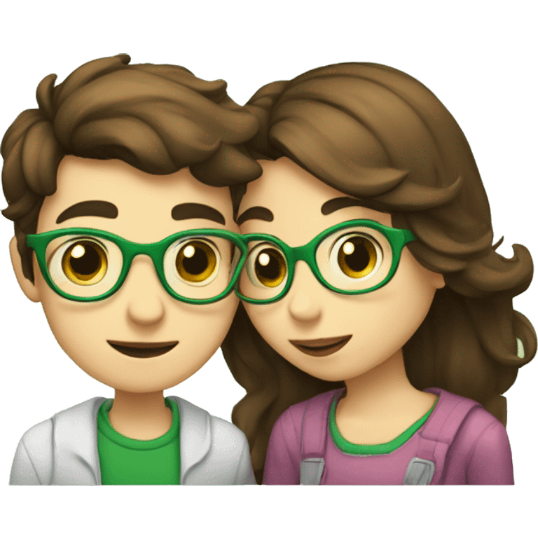 A boy with brown hair and a mustache is kissing a green haired girl wearing glasses emoji