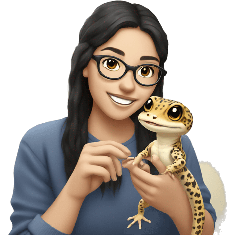 white skinned girl with warm smile and glasses and black hair and eyebrow piercings holding a leopard gecko in her hands  emoji