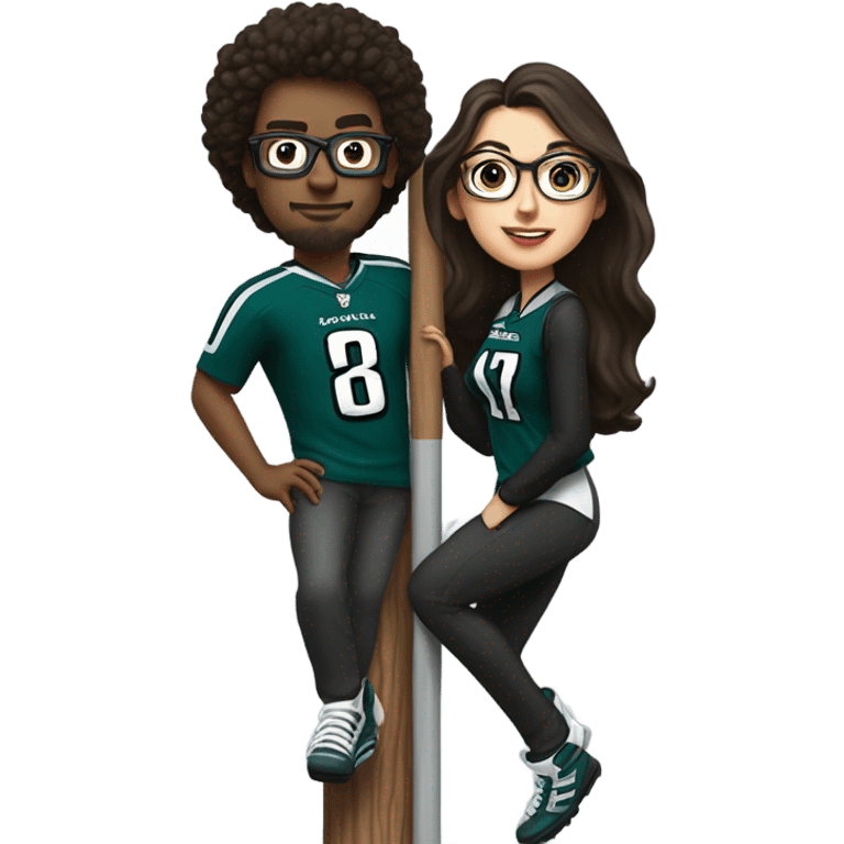 Dark brown hair female with glasses and white male with light brown hair who are both eagles fan climbing up a pole emoji