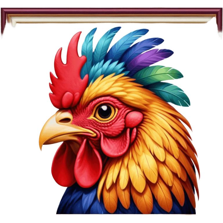 Cinematic Realistic depiction of a proud French rooster, rendered with detailed, textured feathers and a vivid, colorful comb, set against a rustic French countryside backdrop with soft, warm lighting emoji