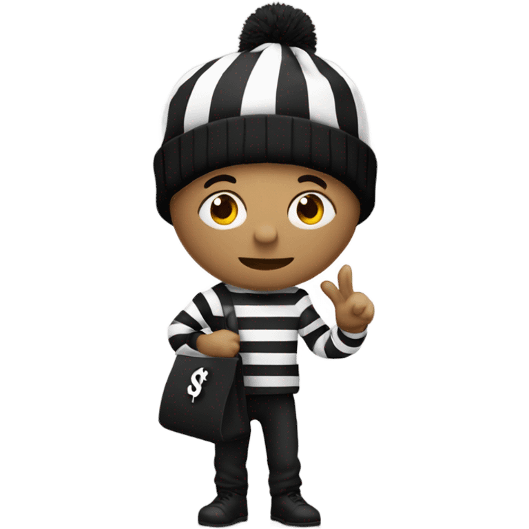 Guy wearing all black and white stripes and a black beanie holding a bag with the $ symbol on it emoji