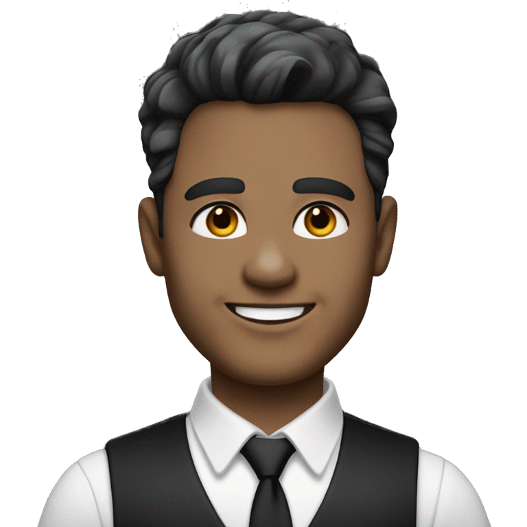 Portrait of an adult smiling man, light skin, bold black-gray ombre hair, black eyes, wearing a black office suit and a white collared shirt underneath. emoji