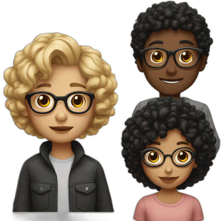 Boy with curly blonde hair and glasses kissing girl with wavy black hair and glasses emoji