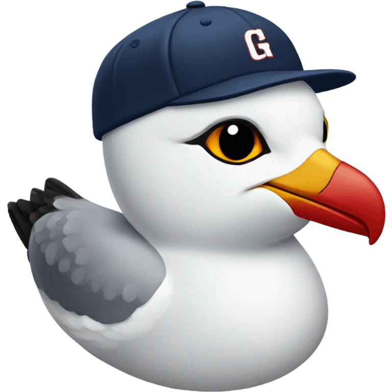 Seagull with wearing navy color baseball cap emblazoned with a red G initial emoji