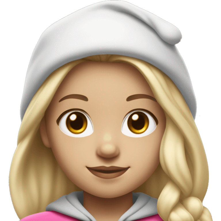 white raced, blonde hair with middle part, girl, long sleeve white lululemon shirt,  grey sweat pants, and a pink santa hat emoji