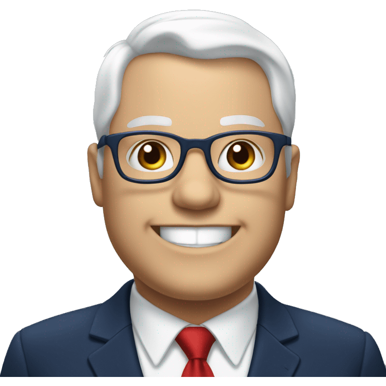 A fat man, white hair, with glasses, no beard, smiling with teeth, and wearing a navy blue suit and red tie emoji